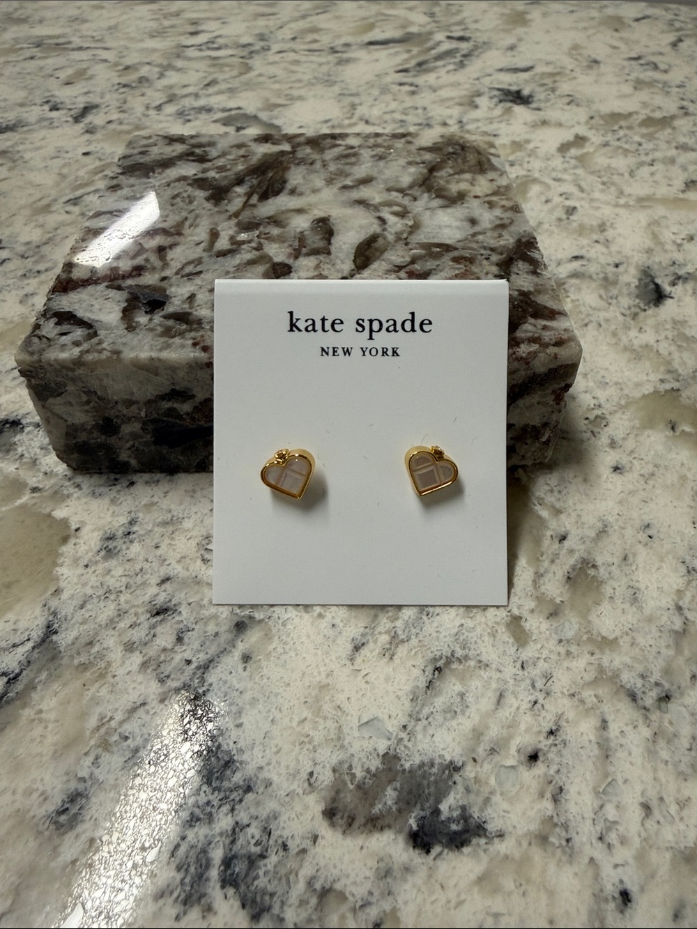 kate spade Gold Heart Outline Stud Earrings with Light Pink Inset